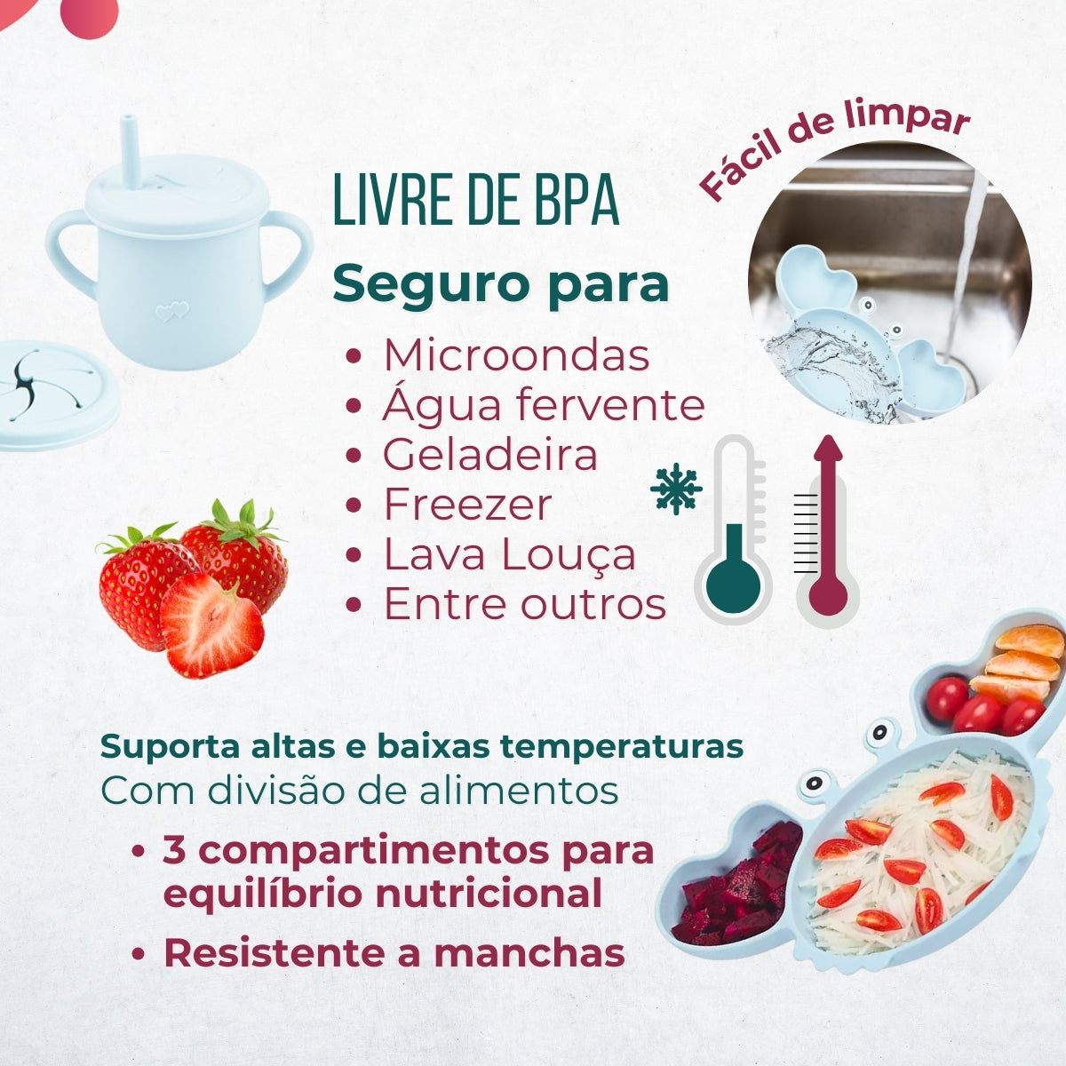 Conjunto Introdução Alimentar Silicone Caranguejo Rosê