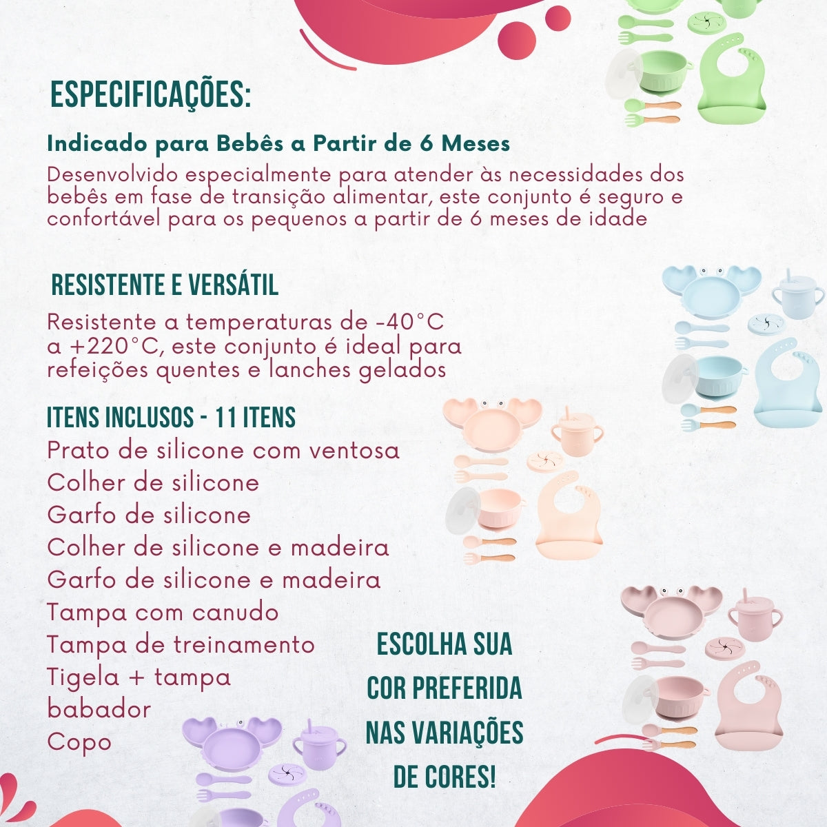 Conjunto Introdução Alimentar Silicone Caranguejo Verde Claro