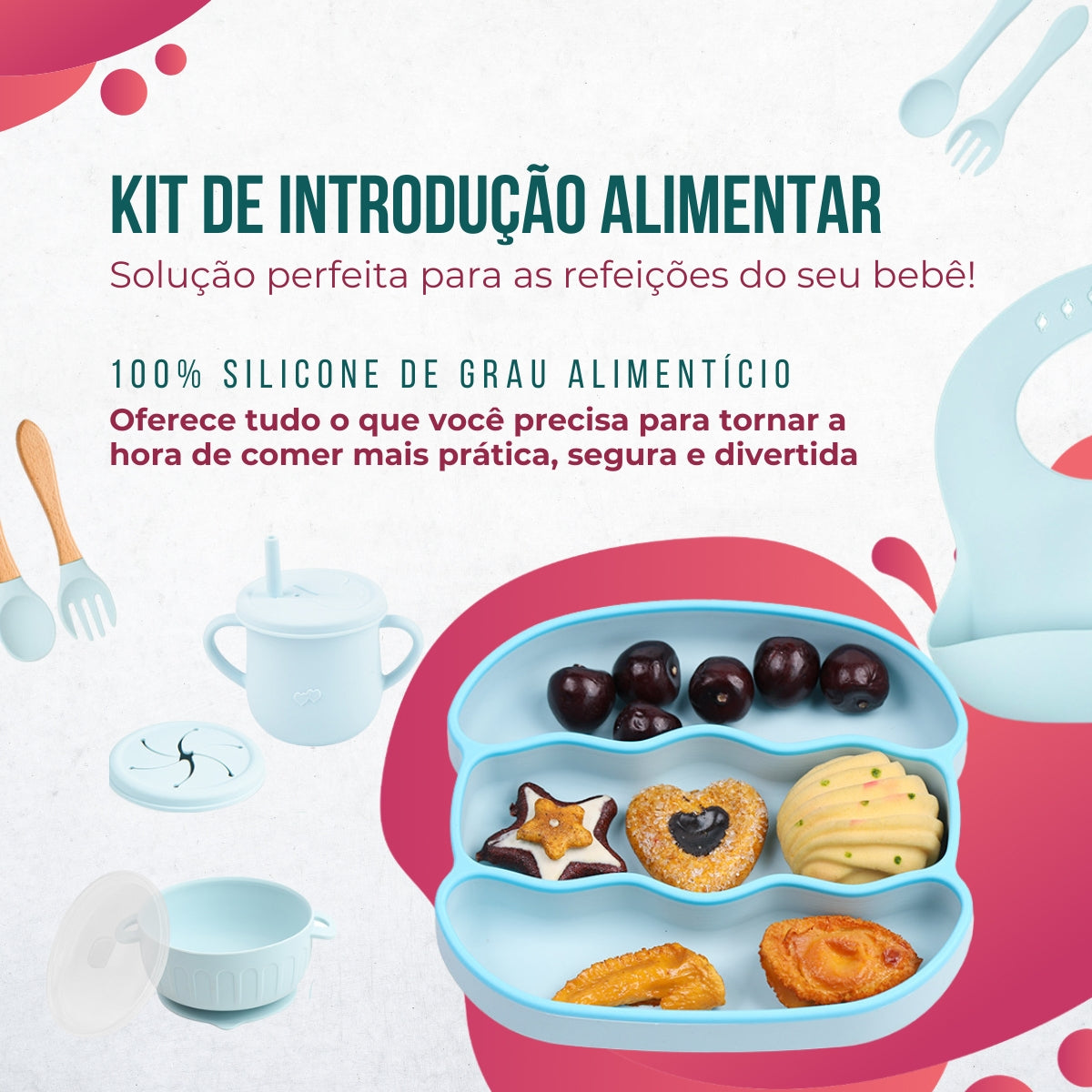 Conjunto Introdução Alimentar Silicone Hambúrguer Azul Claro