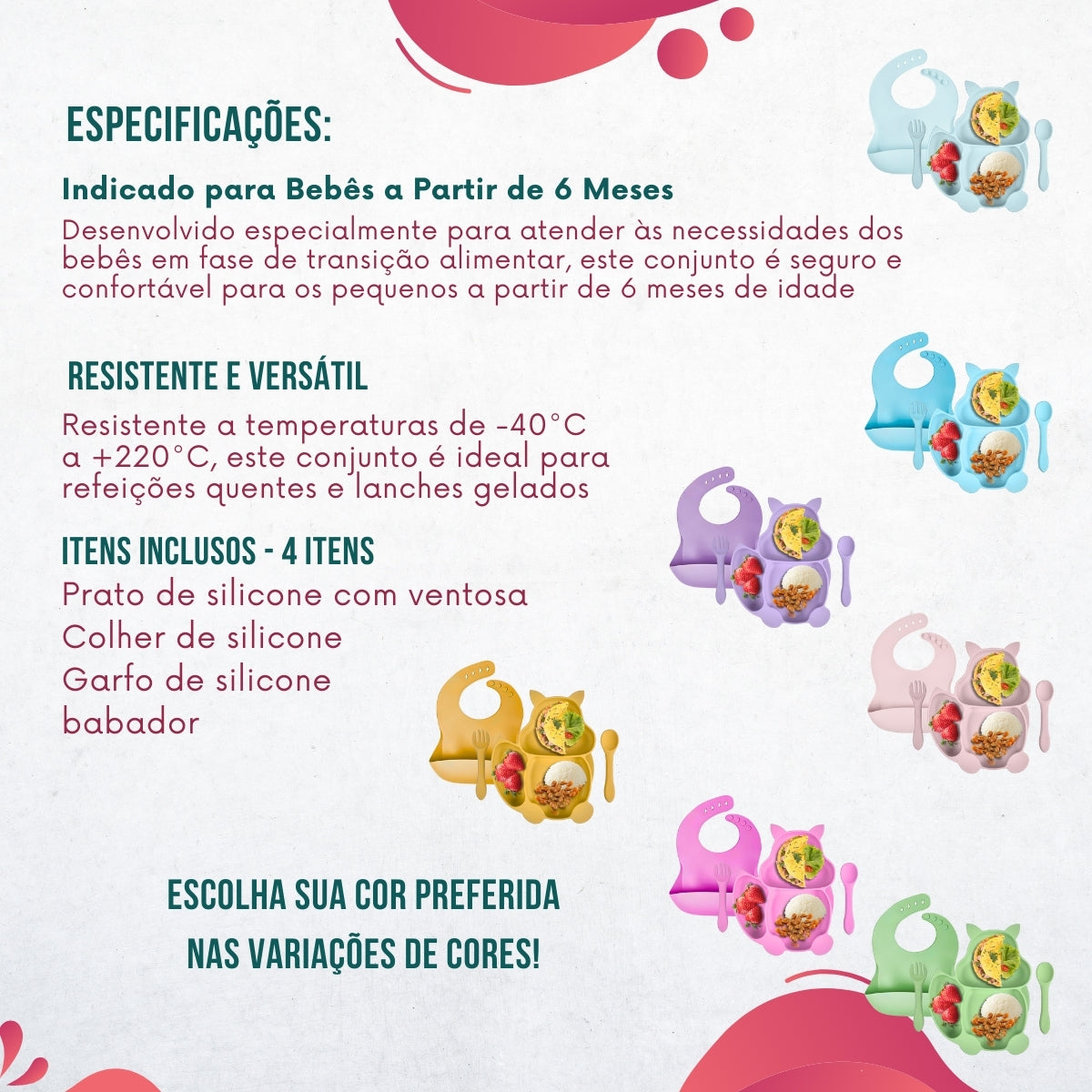 Conjunto Introdução Alimentar Silicone Gatinho Rosê