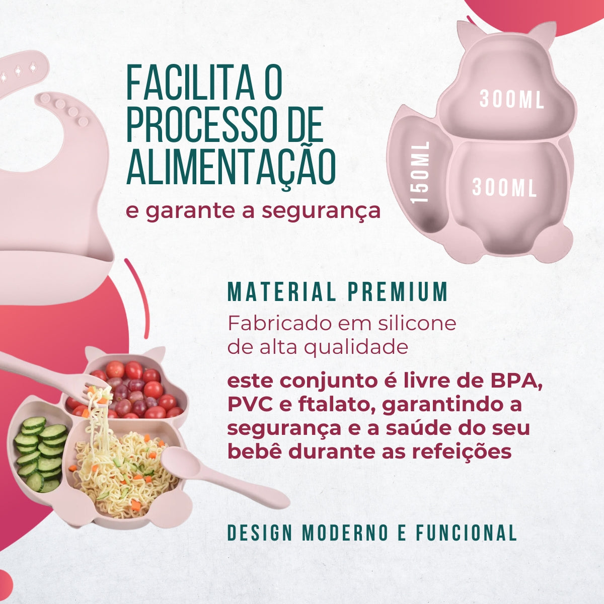 Conjunto Introdução Alimentar Silicone Gatinho Rosê